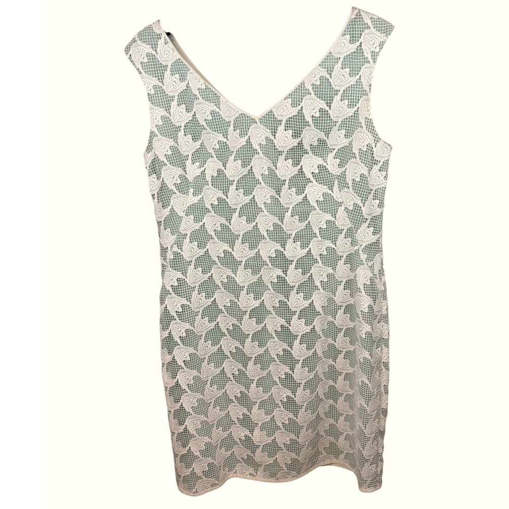 Tory Burch White Floral Lace V-Neck Shift Dress Sage Green Lining Size 14